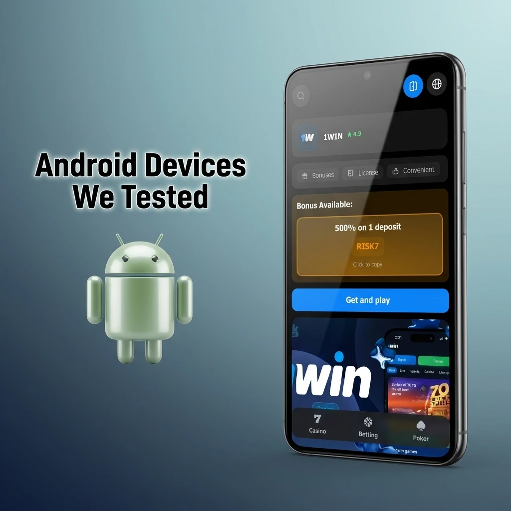 Ten Android devices tested for 1win Aviator app across budget, mid-range, and flagship tiers including Samsung, Redmi, and OnePlus