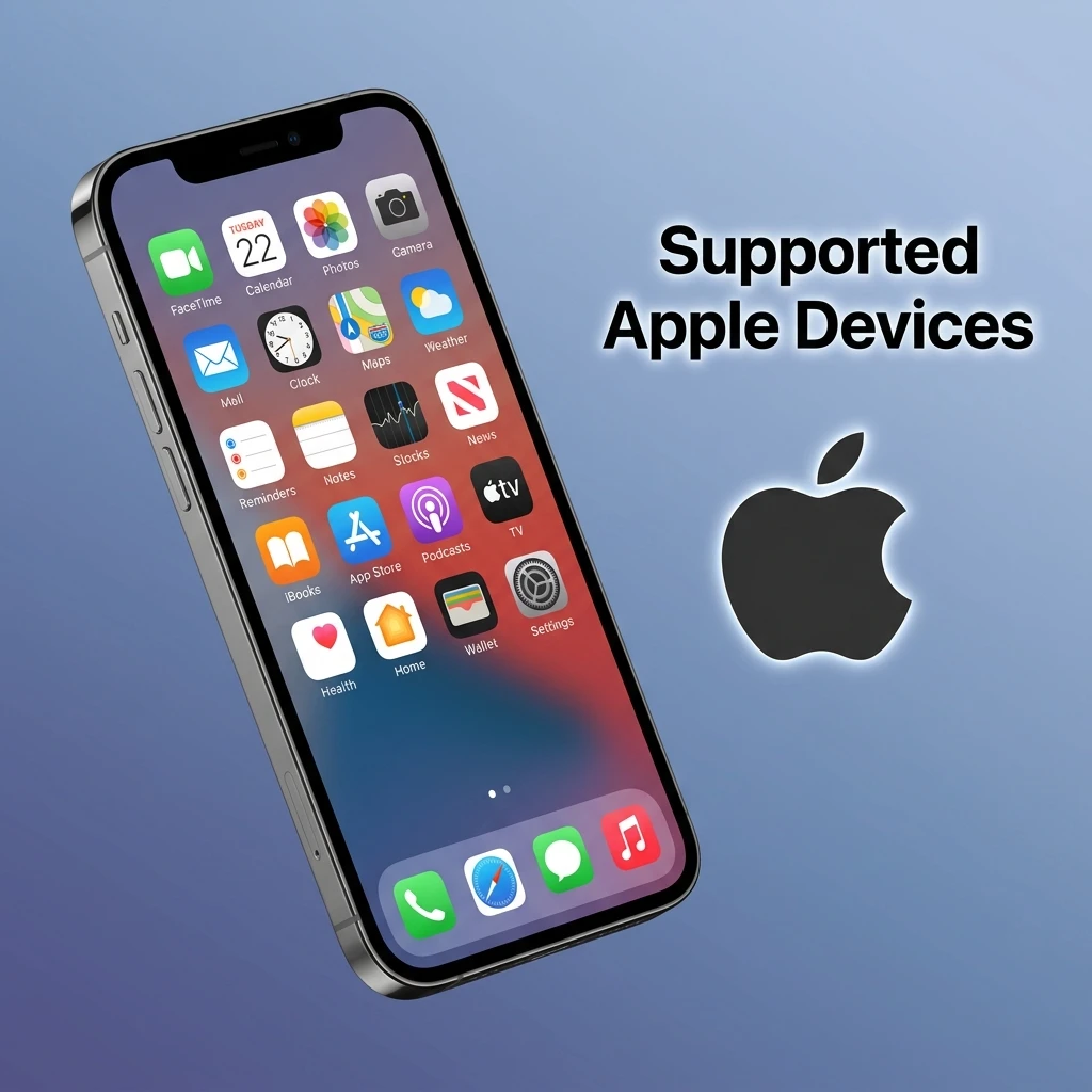 Supported Apple devices list showing 10 iOS 12+ compatible iPhones and iPads including iPhone XR to iPhone 15 Pro and iPad models